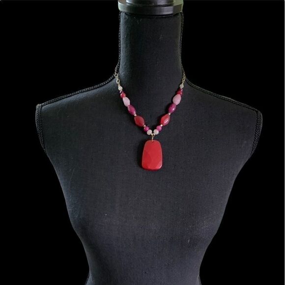 Boho, romantic, Red Stone pendant style necklace with red and pink beads. EUC - Picture 1 of 4